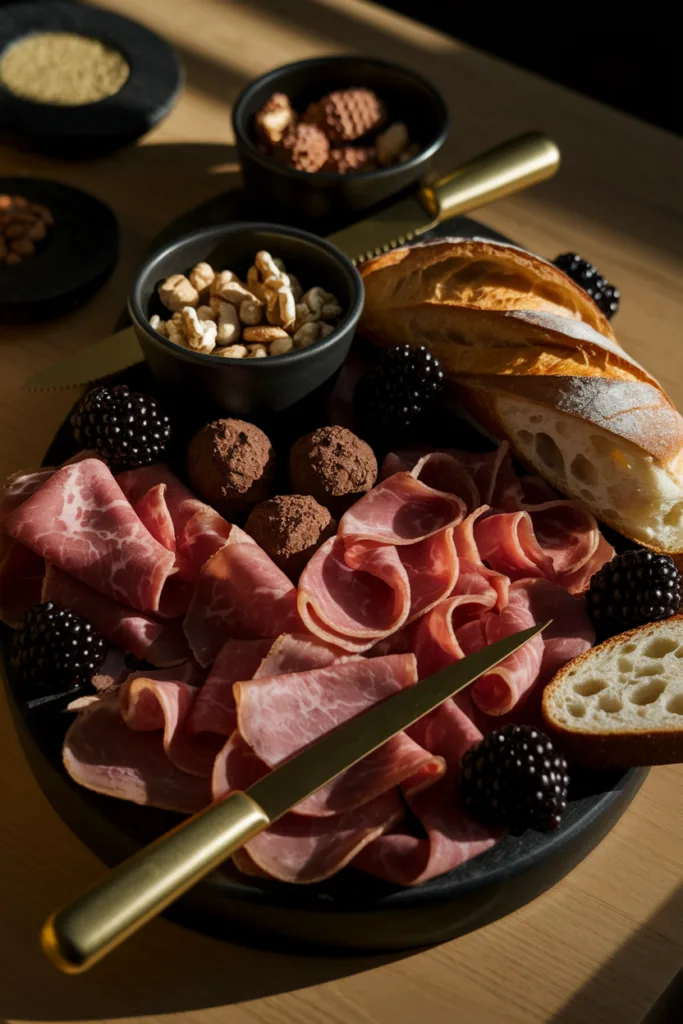 Charcuterie board with cured meats, nuts, blackberries, bread, and chocolates on a wooden table, ready to serve.