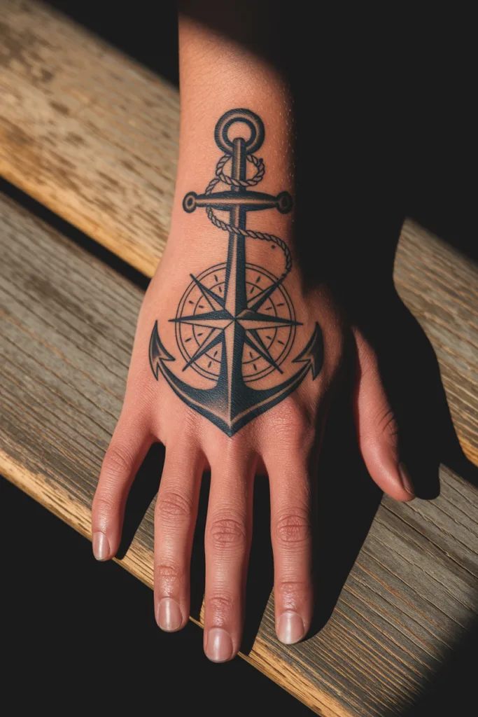 Hand with an anchor and compass tattoo on wooden surface, illuminated by sunlight.