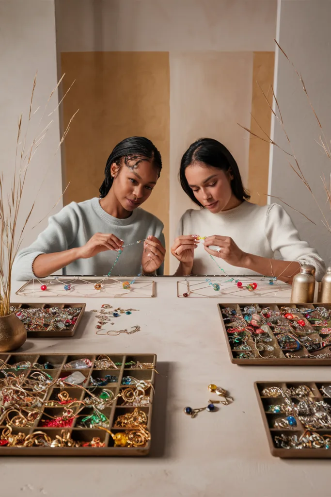 Two women crafting colorful jewelry at a table filled with beads and accessories.