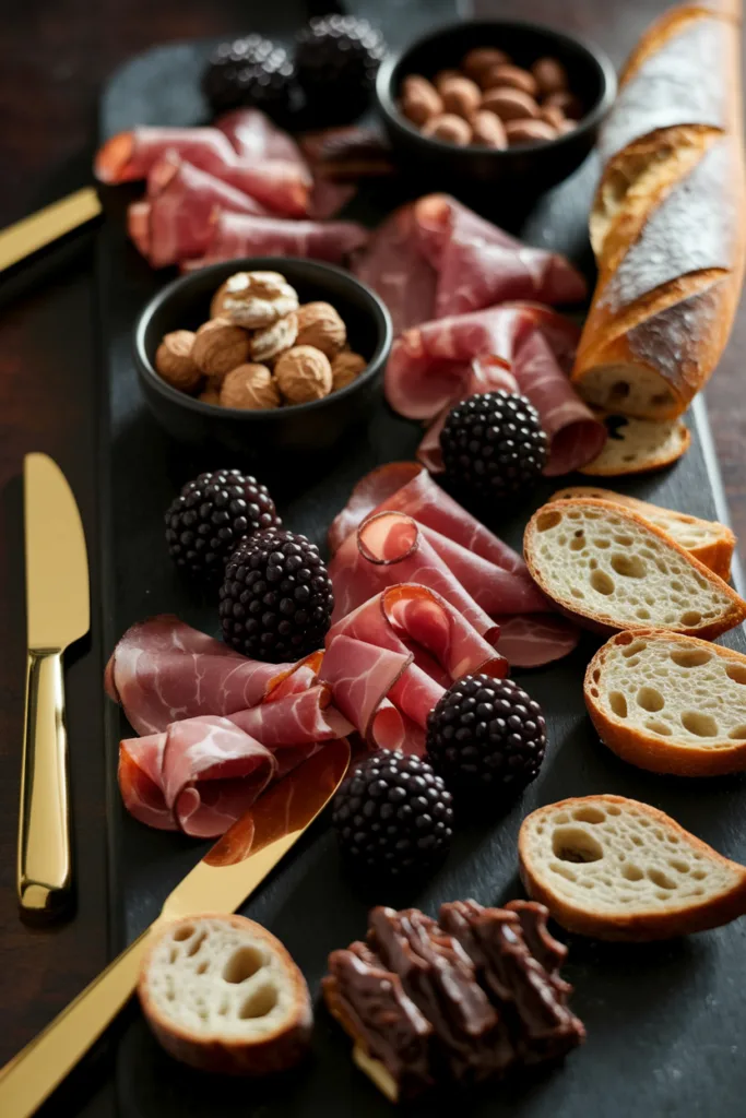 Charcuterie board with cured meats, blackberries, nuts, and sliced baguette on a dark surface.