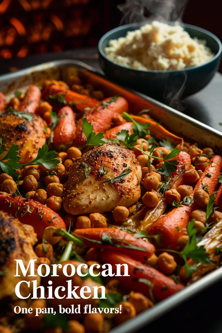 Delicious Moroccan chicken with carrots and chickpeas in a pan, showcasing a flavorful and colorful dish.