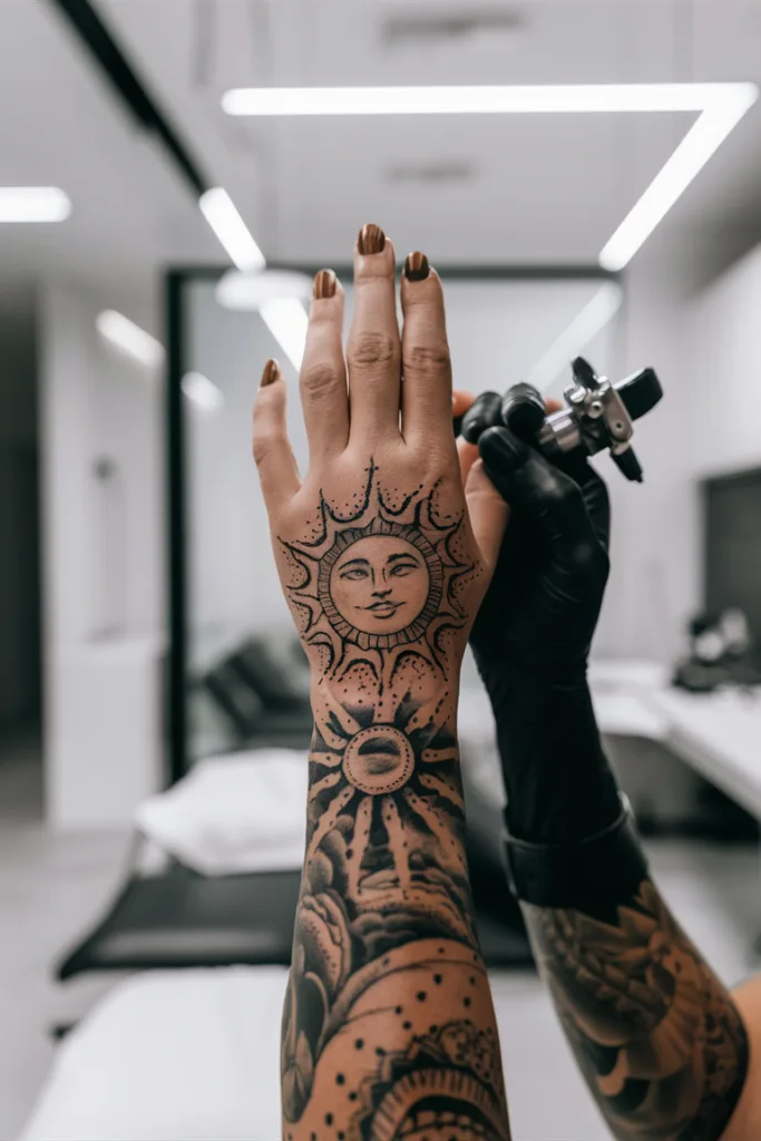 Close-up of a detailed sun-themed hand tattoo being inked in a modern, well-lit tattoo studio.