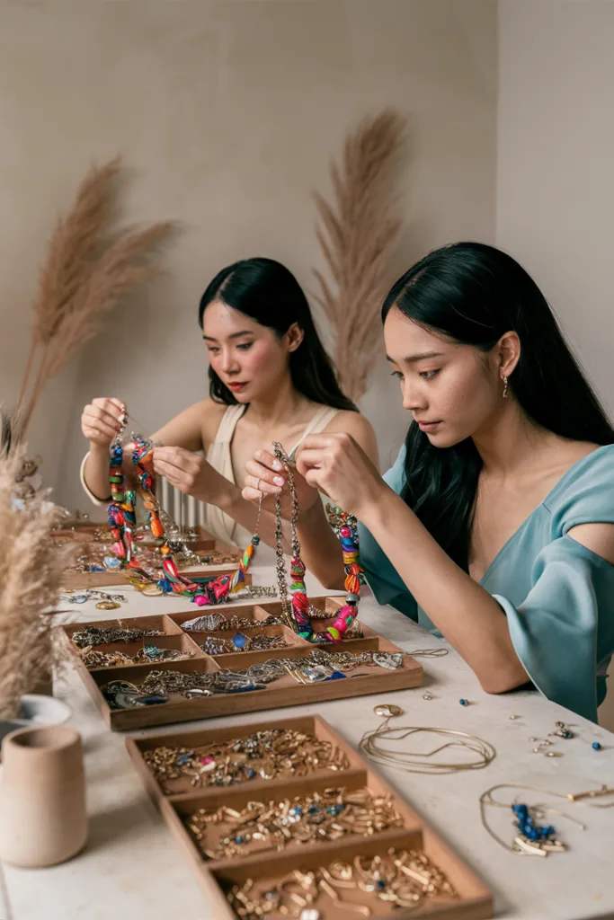 Two women creating colorful beaded necklaces in a jewelry workshop, surrounded by tools and materials.