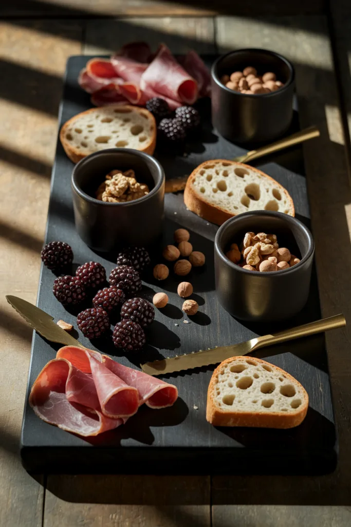 Charcuterie board with prosciutto, blackberries, nuts, and bread on a slate platter with golden utensils.