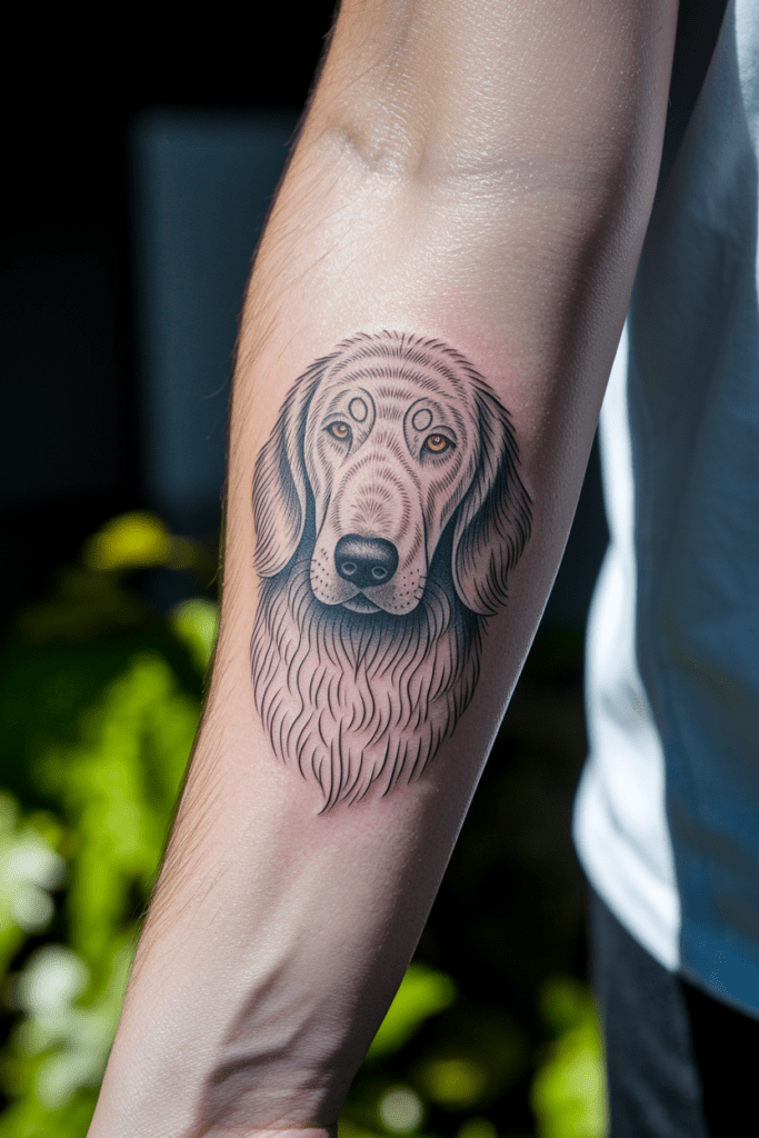 Detailed dog tattoo on a person's forearm, featuring intricate lines and shading.