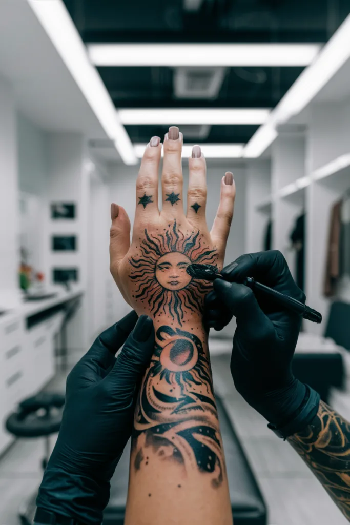 Tattoo artist inking sun and moon design on a person's hand in a modern studio.