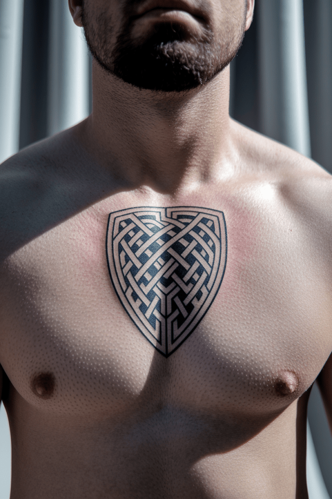 Geometric chest tattoo design on a man's bare torso, featuring intricate black line patterns in bright lighting.