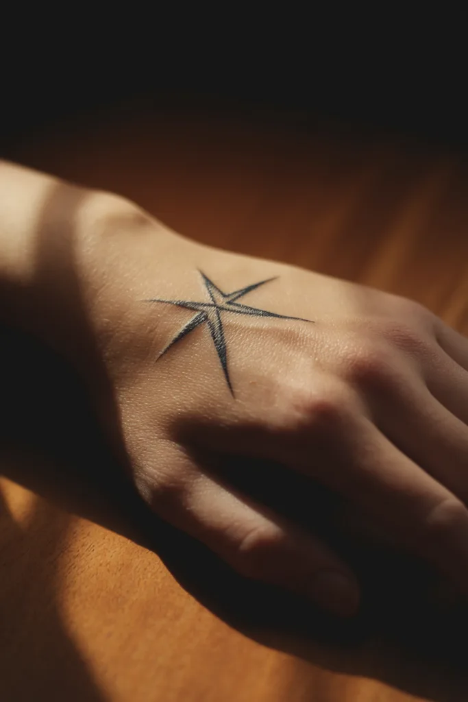 Star tattoo on hand illuminated by sunlight, casting shadows on wooden surface.