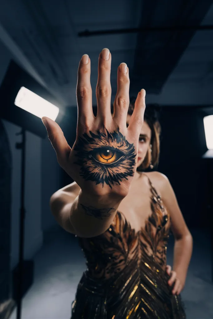 Person showcasing a vibrant eye tattoo on hand, adorned in an elegant dress under studio lights.