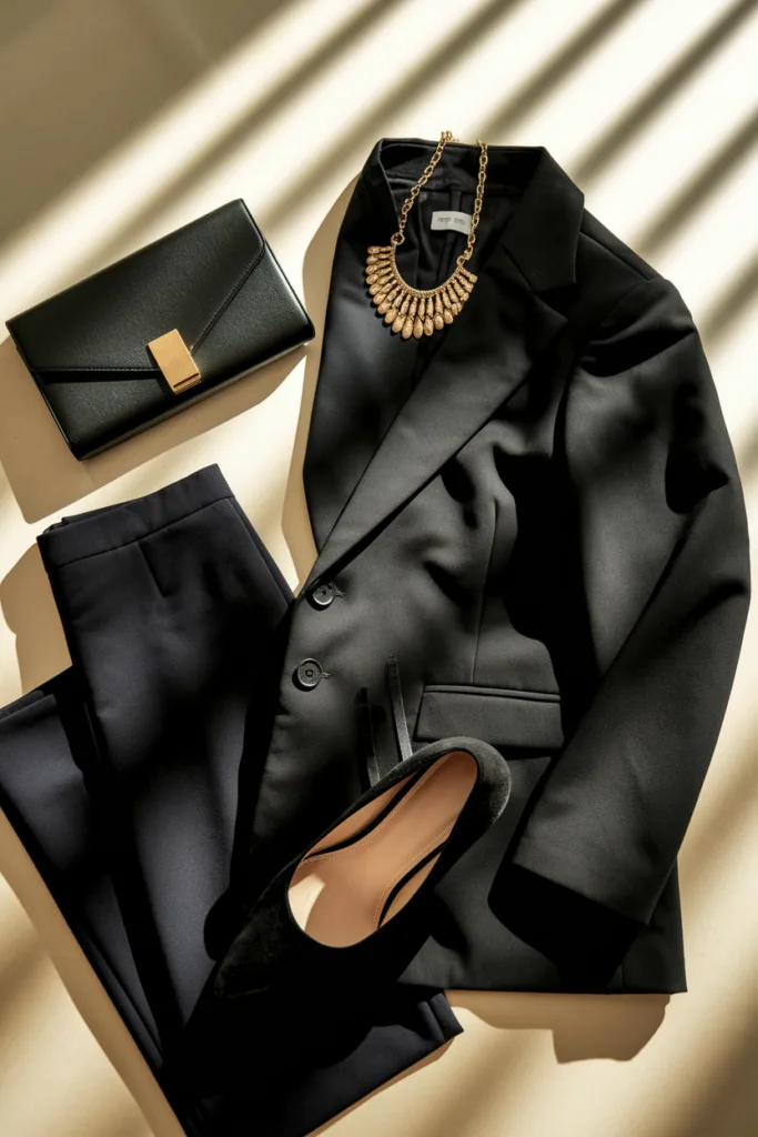 Elegant black suit with black heels, clutch, and statement necklace on a beige background. Perfect for a professional look.