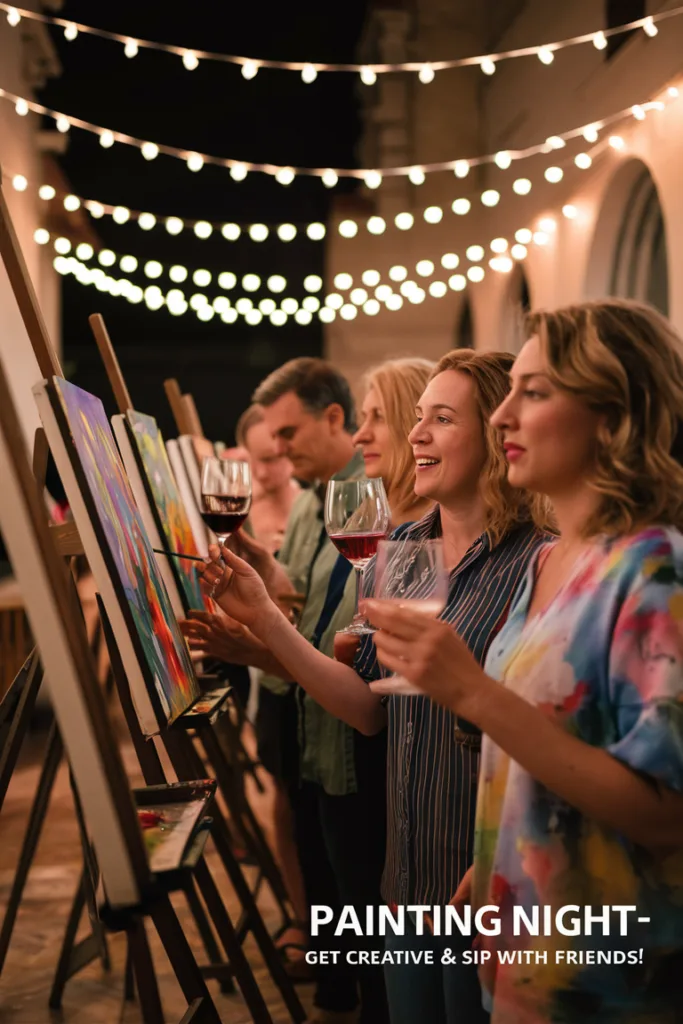 Group enjoying painting night with wine under string lights, focusing on creativity and socializing.