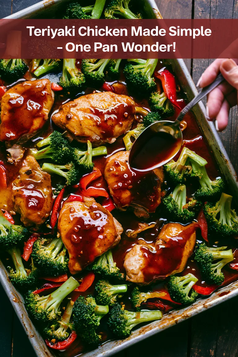 Sheet pan with teriyaki chicken, broccoli, and red pepper, topped with sauce, showcasing a simple one-pan meal.