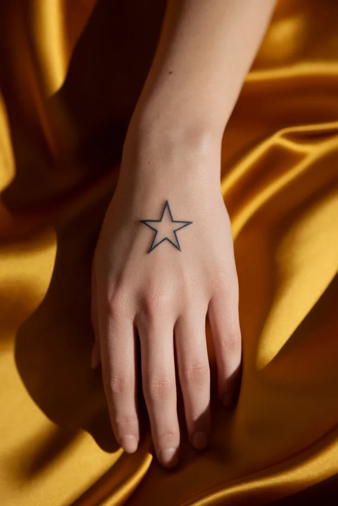 Hand with star tattoo on gold fabric background, close-up.