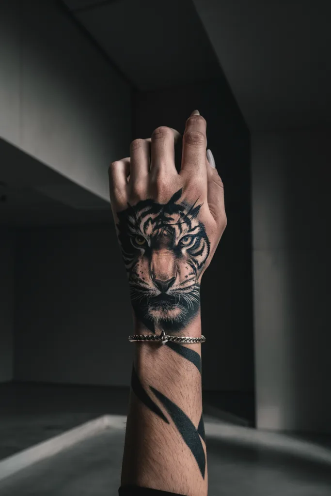 Hand with a detailed tiger tattoo, showcasing bold black ink design in dramatic lighting.