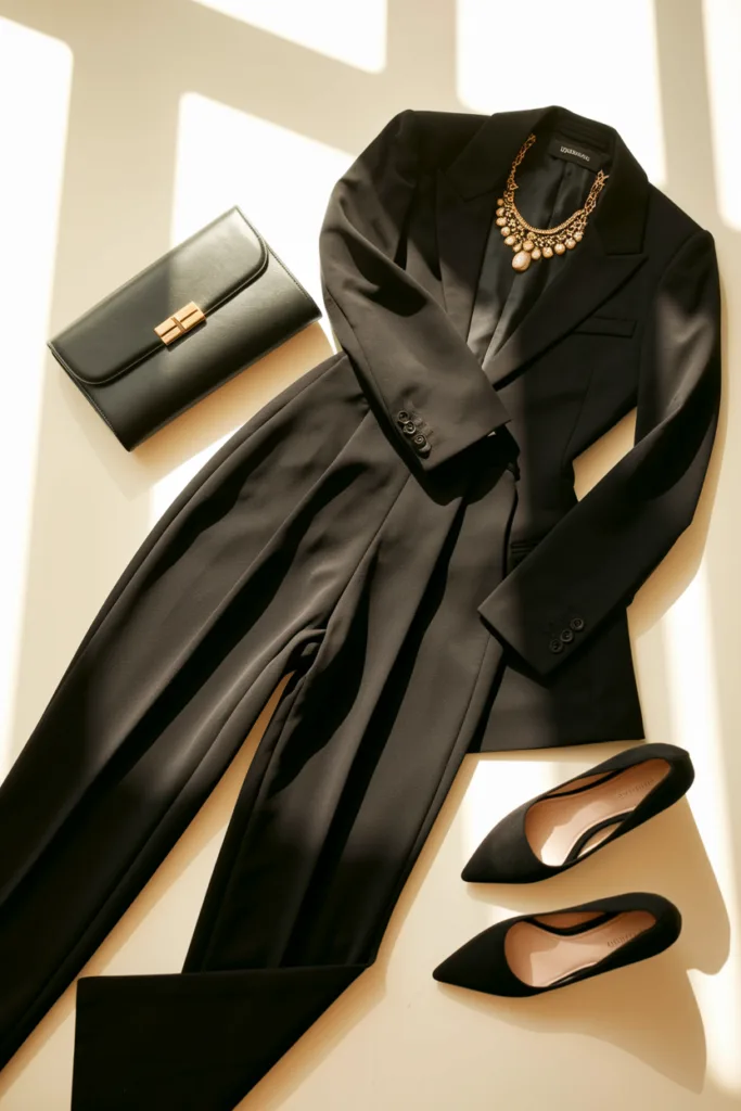 Black blazer with necklace, matching clutch, and pumps on display in soft sunlight.