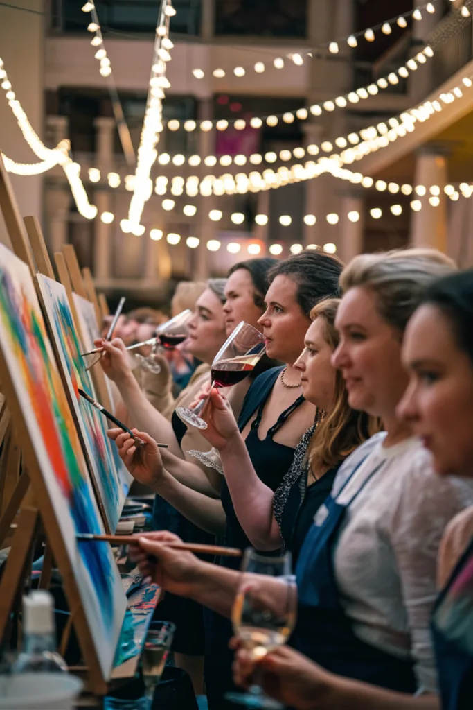 People enjoying a wine and painting event under string lights, creating art on easels in a lively atmosphere.