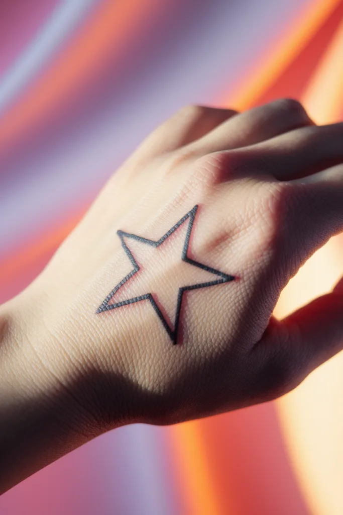 Hand with a star outline tattoo against a colorful backdrop.