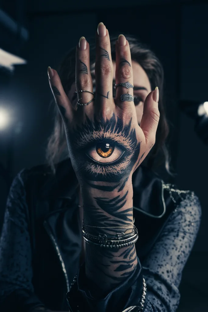 Close-up of hand with ornate eye tattoo and rings, partially covering face, artistic expression.