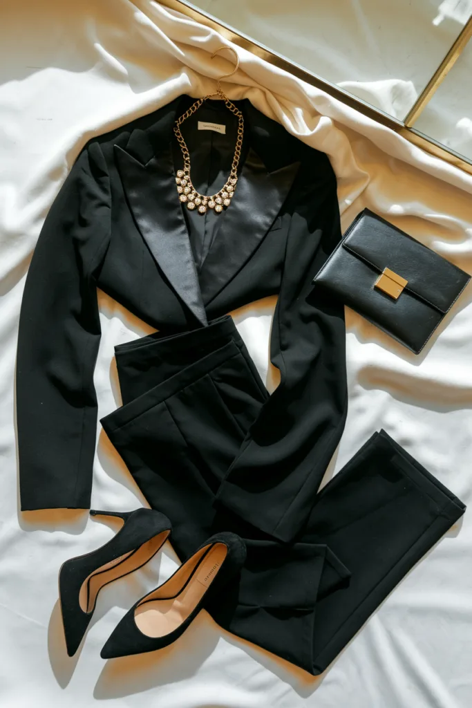 Elegant black suit with accessories: high heels, clutch, necklace on white fabric background. Perfect for formal events.