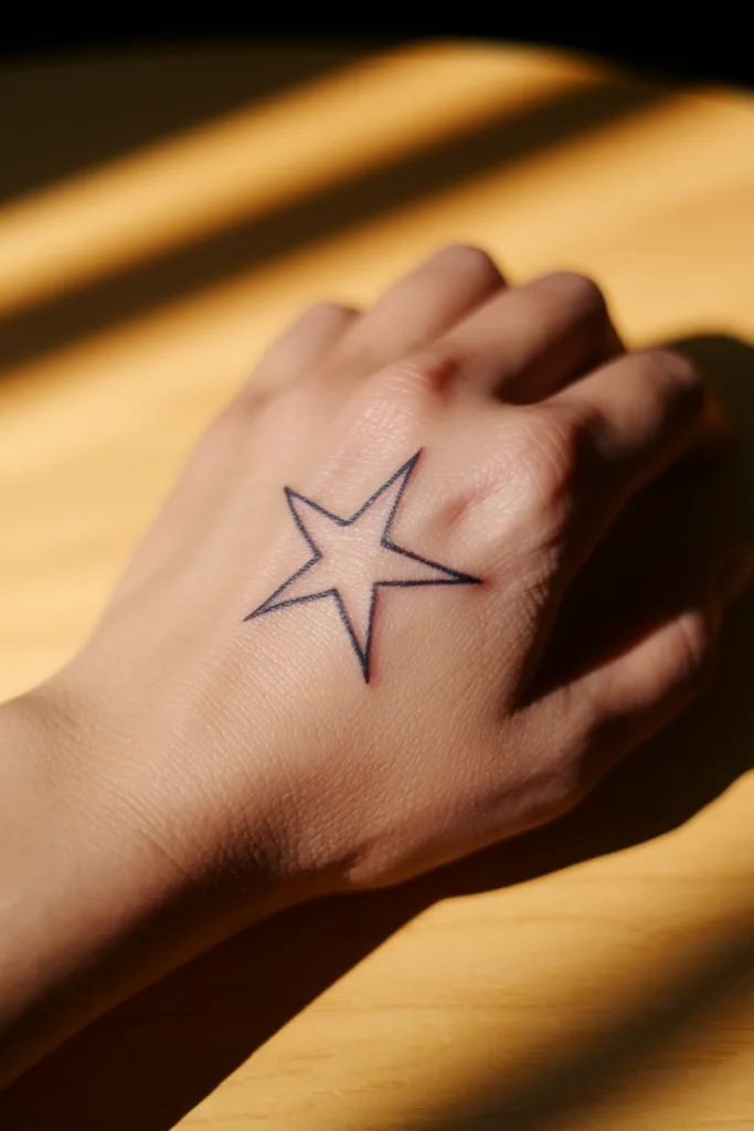 Hand with a minimalist star tattoo, natural light highlighting tattoo lines and skin texture.