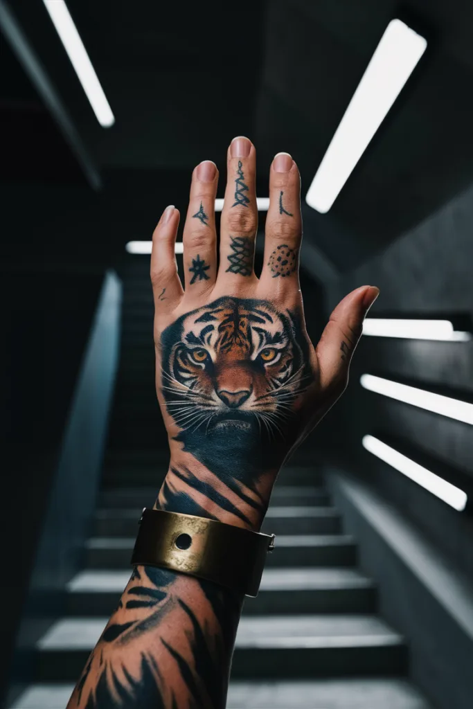 Hand with tiger tattoo and geometric designs, illuminated by modern lighting in a dim hallway.