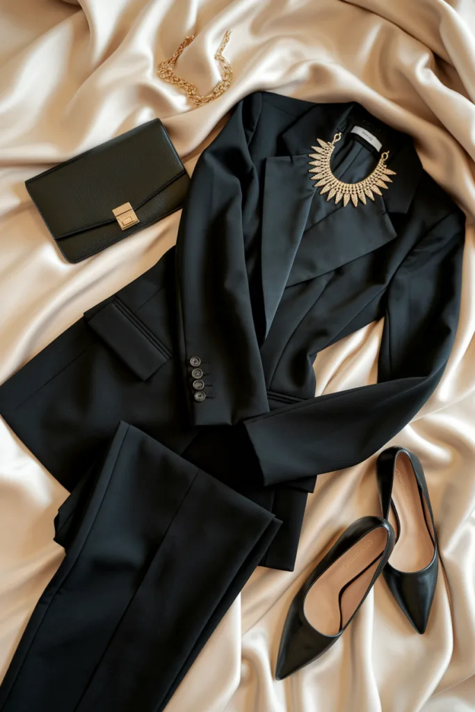 Elegant black suit with necklace, clutch, and heels on satin fabric. Perfect for formal occasions.