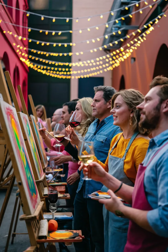 Group painting and wine evening outdoors with lights and easels.