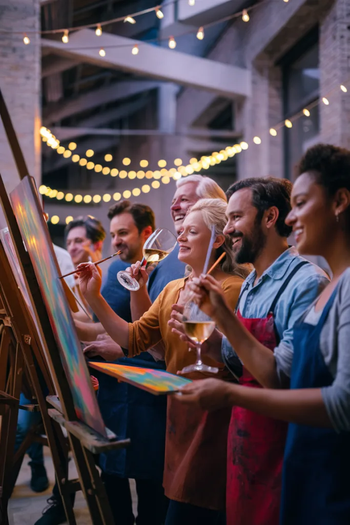 Group enjoying a paint and sip session, painting canvases and holding wine glasses in a creatively lit studio.