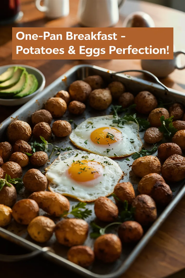 One-pan breakfast featuring fried eggs and roasted potatoes, garnished with herbs. Perfect brunch meal!