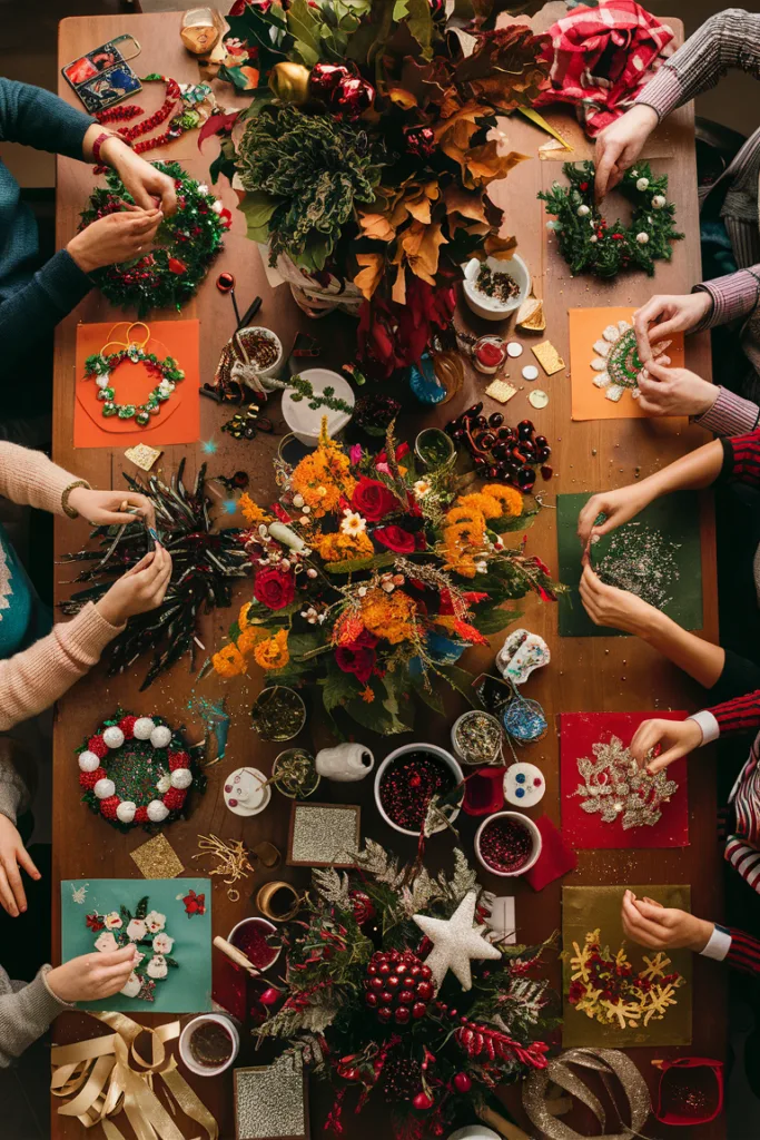 People crafting Christmas wreaths and decorations at a festive table with flowers and glitter supplies.