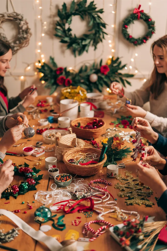 People crafting Christmas decorations at a festive table with wreaths and ornaments.