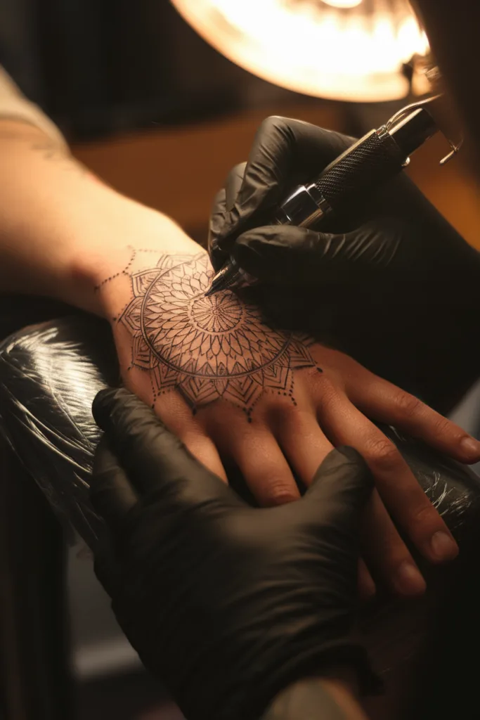 Tattoo artist creating intricate mandala design on hand under warm lighting.