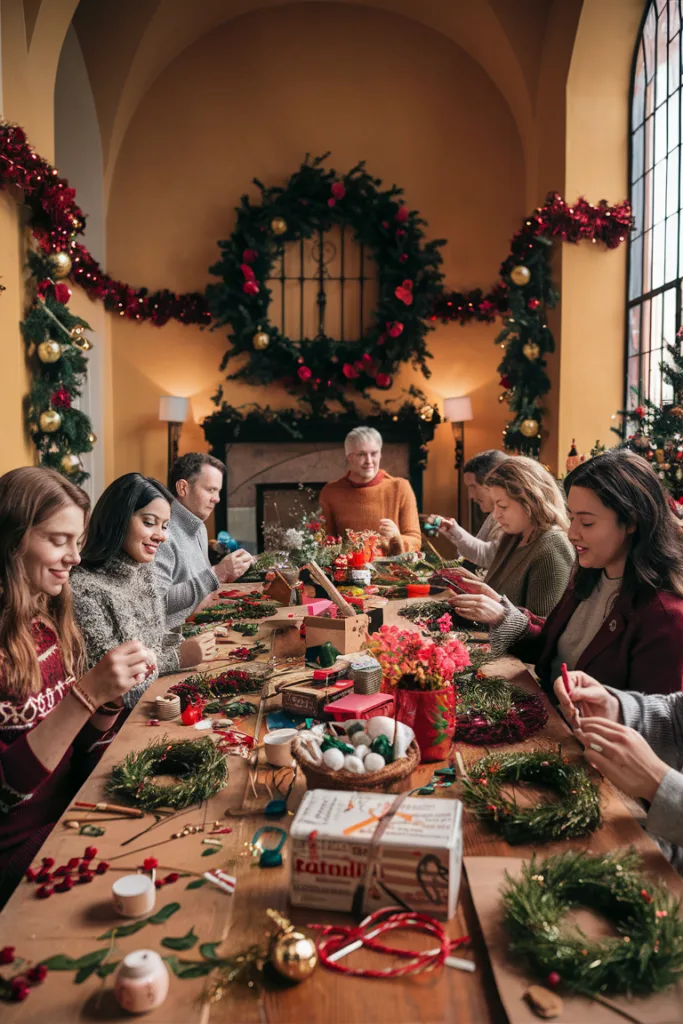 People crafting holiday wreaths at a festive table with Christmas decorations and greenery.