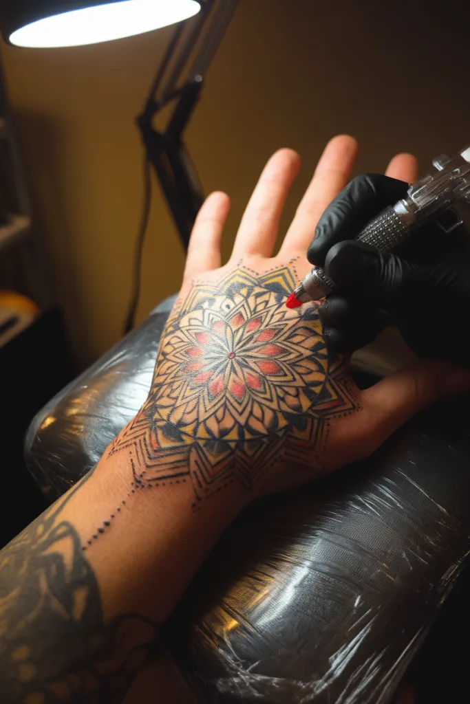 Tattoo artist creating intricate mandala design on hand under bright lamp lighting.