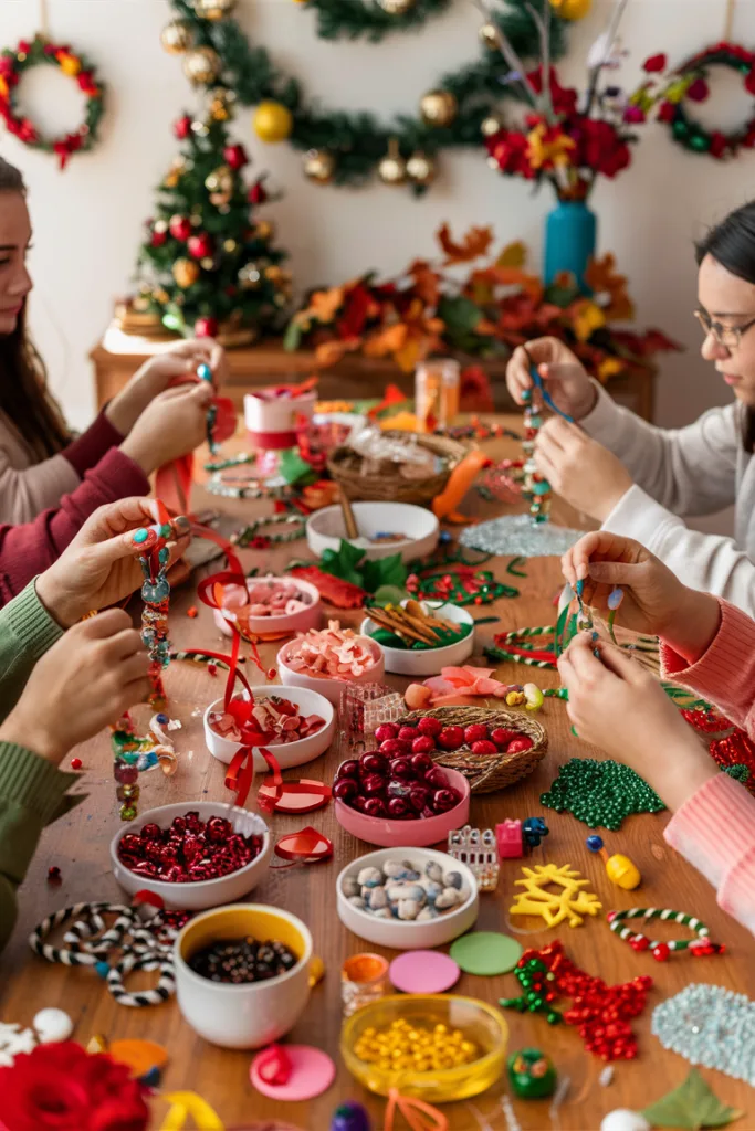 People crafting holiday decorations with colorful beads and ribbons on a festive table.