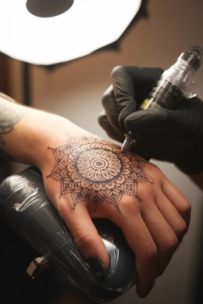 Intricate mandala tattoo in progress on hand with tattoo machine, artist wearing black gloves.