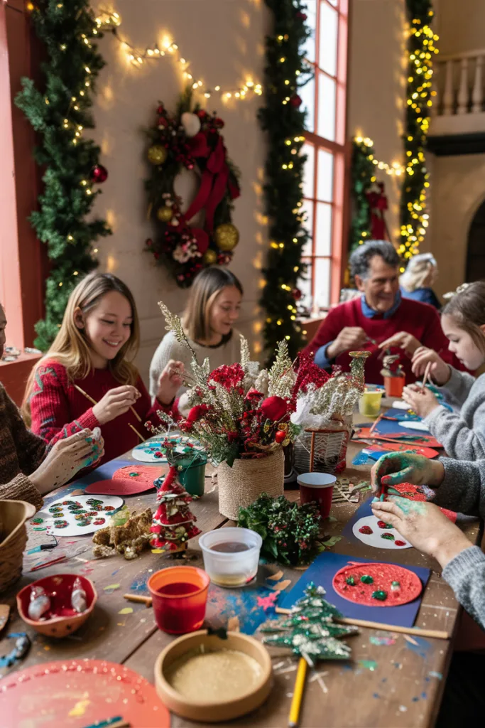 People enjoying festive Christmas crafts at a decorated table with wreaths and lights.