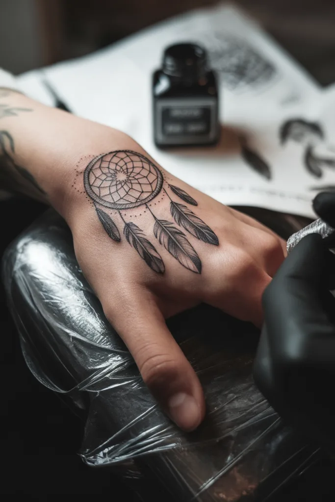 Hand with a detailed dreamcatcher tattoo being inked in a tattoo studio.