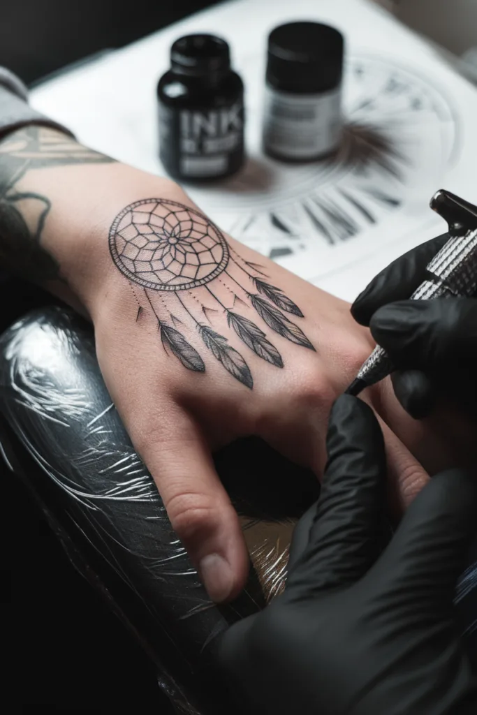 Artist tattooing a dreamcatcher design on a hand, showcasing detailed inkwork and gloves for hygiene.