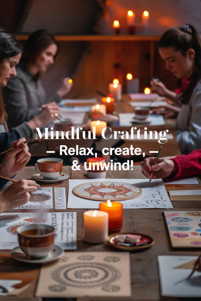 People crafting mandalas by candlelight; tea and mindfulness activity; relaxing creative workshop ambiance.