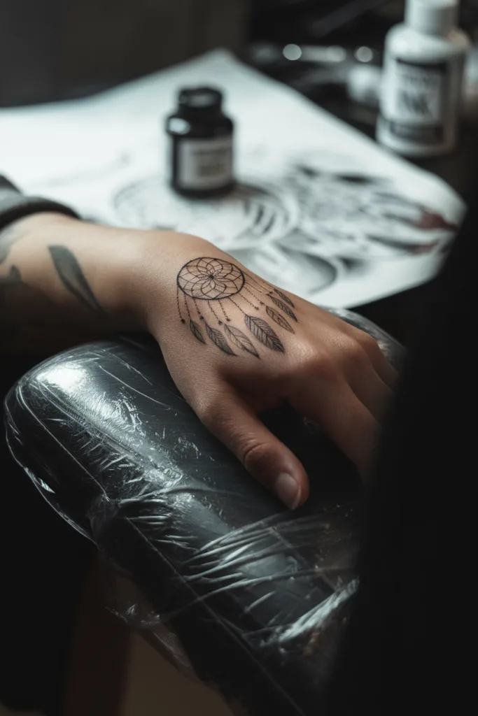 Dreamcatcher tattoo on hand, over black armrest, with ink bottles and design sketches in background.