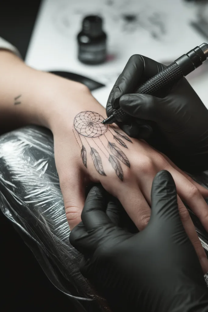 Artist tattooing a dreamcatcher design on a hand, showcasing detailed line work and precision.