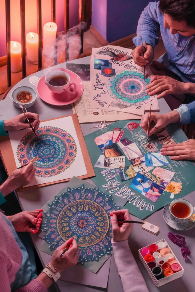 People painting intricate mandalas on paper with paints, surrounded by candles and tea.