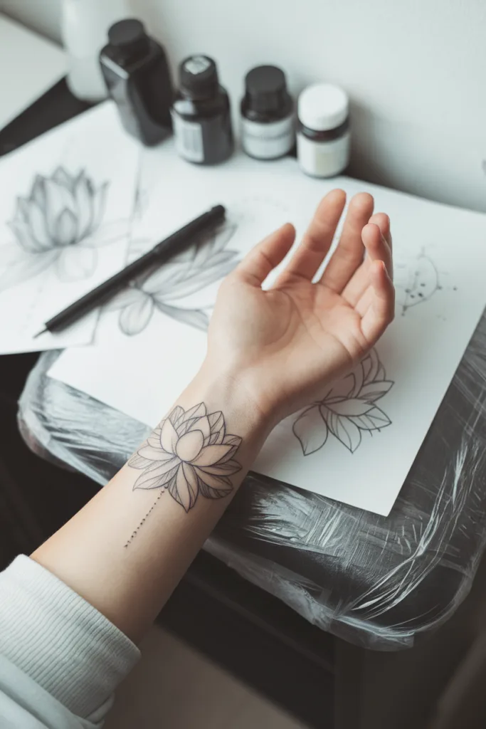 Wrist with lotus tattoo, surrounded by ink bottles and lotus sketches, on a white background.