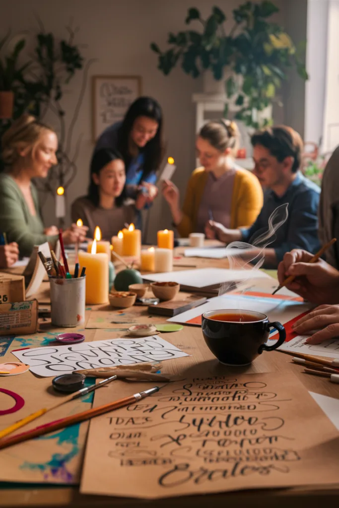 Creative workshop with people painting and lettering around a table with candles and art supplies.