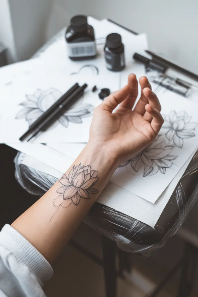 Arm with a lotus flower tattoo, surrounded by ink bottles and pen on paper sketches.