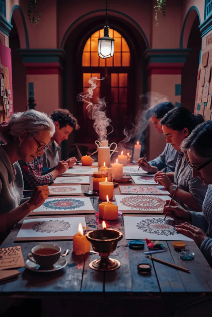 Cozy art workshop with people painting mandalas by candlelight, creating a warm and creative atmosphere.