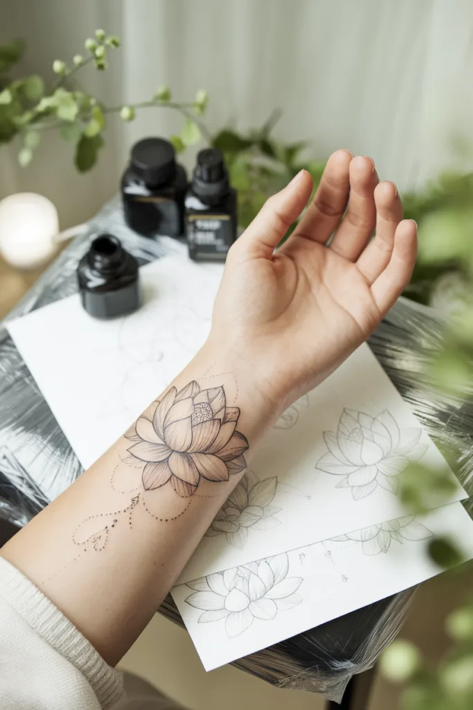 Close-up of a lotus flower tattoo on a wrist with ink bottles and sketches in the background.