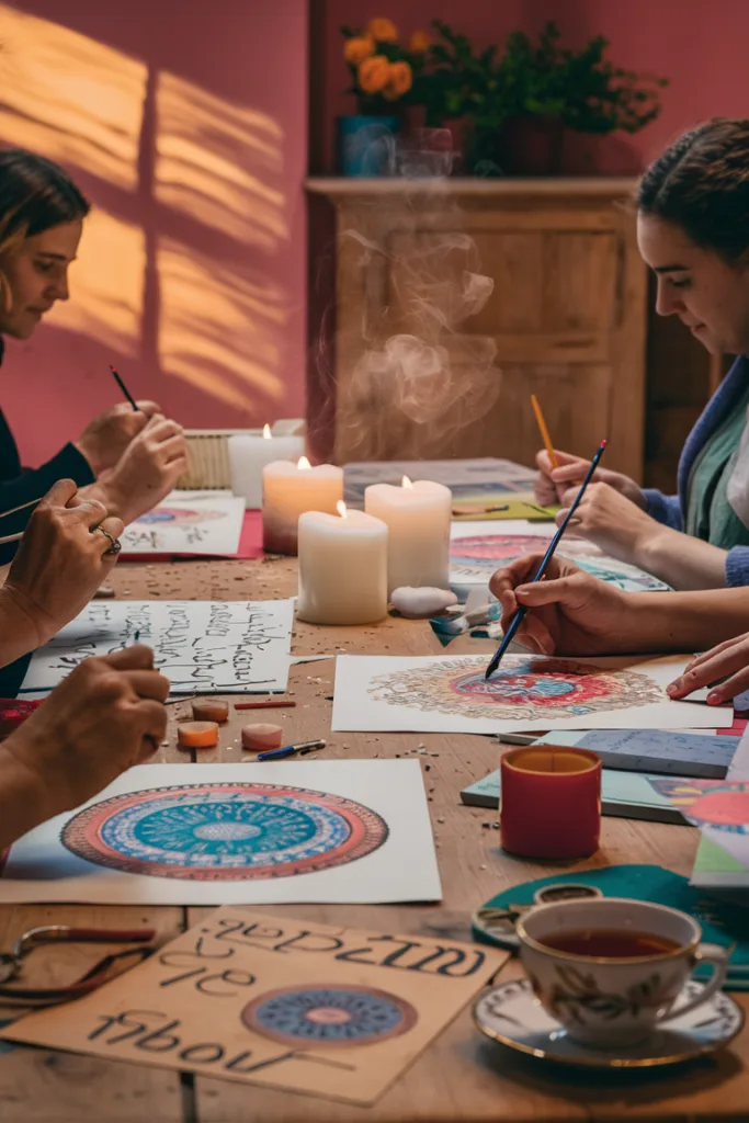 Women painting mandalas by candlelight, with art supplies and tea on a wooden table.