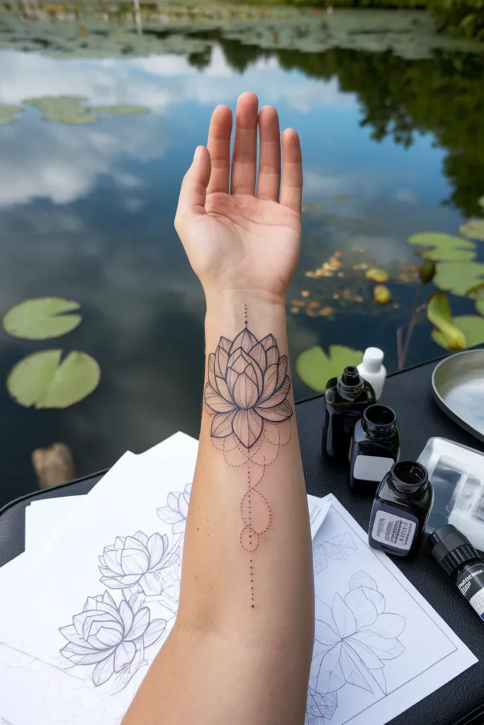 Person displaying intricate lotus tattoo on forearm near serene pond, surrounded by design sketches and ink bottles.